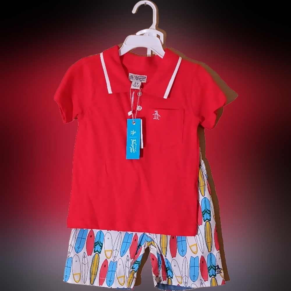 Red Original Penguin Polo Shirt and Surfboard Print Shorts Set